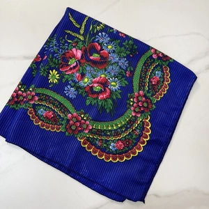 Ethnic vintage floral scarf in navy blue with traditional Slavic patterns and fringe