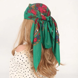 Vintage green silk square scarf with red peony floral prints and gold lurex threads