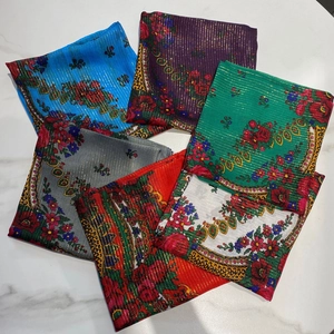 Ethnic style floral 80x80cm polyester square scarf with golden stripes in six colors