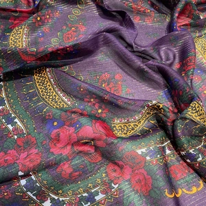 Retro paisley floral scarf with gold metallic thread and deep purple rose patterns