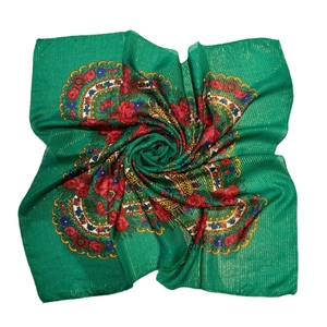 Emerald retro floral square scarf with gold metallic threads and vintage rose print