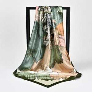 French vintage green floral silk scarf 90x90cm with elegant drape and floral print