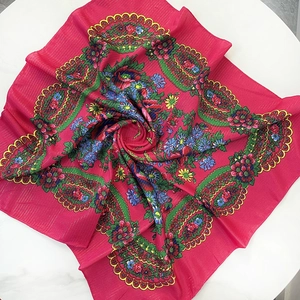 Ethnic rose red cotton square headscarf with floral paisley patterns and gold threads