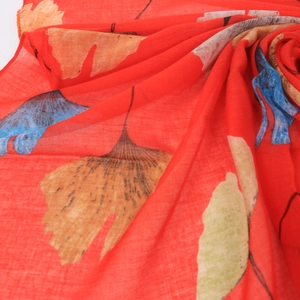 Red cotton linen scarf with colorful ginkgo leaf prints for women, 90cm square wrap