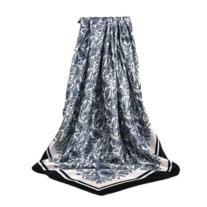 90cm vintage paisley print satin silk scarf with elegant navy blue patterns and black borders