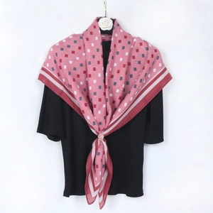 Elegant cotton linen scarf for women with pink geometric square patterns and striped edges