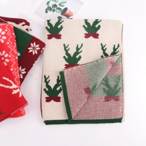 Detail of Christmas reindeer knit scarf with soft festive patterns and thick texture