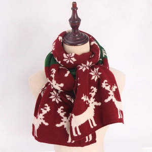Christmas Knitted Scarf Women Warm Thick Winter Double Sided Reindeer Snowflake Jacquard Neck Warmer Holiday Gift