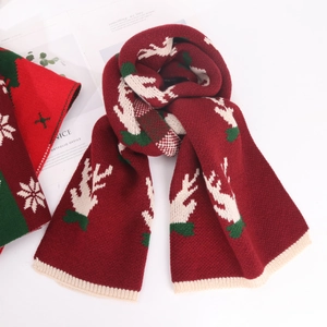 Christmas red deer knitted scarf set with white reindeer and green snowflake patterns