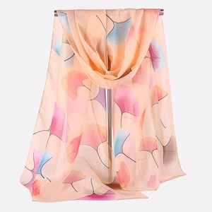 Elegant ginkgo leaf chiffon scarf for women with warm orange floral pattern drape