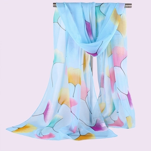 Elegant light blue chiffon scarf with colorful ginkgo leaf patterns for women