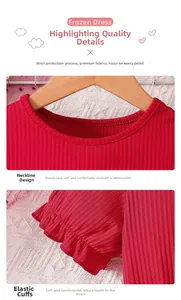 Nahaufnahme von Rundhalsausschnitt und elastischen Rüschenbündchen am roten Mädchenkleid
