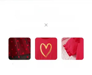 Detail of red mesh dress showing heart prints, ribbed fabric, and ruffled sleeve edges