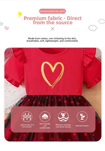 Detail of red girls' dress with heart-print ribbed top and layered black tulle skirt