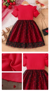 Detailed close-up of ribbed red bodice and black tulle skirt with red velvet hearts
