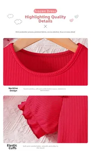 Detail of red ribbed knit dress featuring a classic round neck and elastic ruffled cuffs
