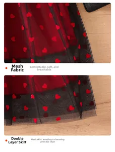 Detail of red heart mesh fabric with soft breathable double-layer tulle skirt hem
