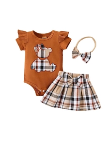 Ensemble bébé fille avec body côtelé caramel et jupe à carreaux motif ours brodé