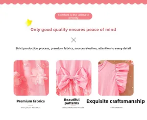 Detailed views of floral embroidery, waist bow, and soft ruffles on a pink girl dress