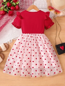 Mädchen Kleid Kurzarm Gerippte Baumwolle Herz Muster Mesh Tüll Patchwork Rüschen Ärmel Süße Prinzessin Outfit