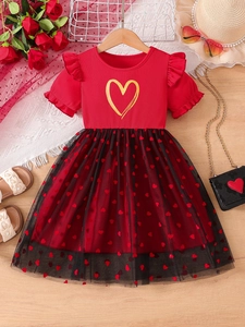 Girls Short Sleeve Summer Dress Ribbed Cotton Top Heart Print Mesh Tulle Skirt Ruffle Fly Sleeve Princess Sweet Style
