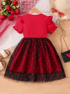 Short sleeve girls heart pattern mesh princess dress with knit bodice and flared tutu skirt