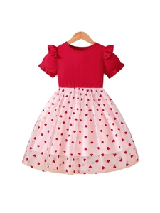 Mädchen Sommerkleid mit rotem Rippstrick-Oberteil und pinkem Herz-Tüllrock im Tutu-Stil