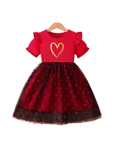Girls' red knit dress with flutter sleeves and black mesh skirt with red heart patterns