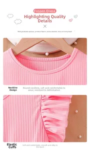 Detail of pink toddler dress with ruffled sleeves and soft ribbed knit neckline fabric