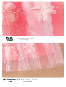 Detail of pink mesh tulle fabric with floral embroidery and layered skirt design