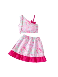 Girls mermaid scales print summer set with ruffle hem and bow shoulder detail