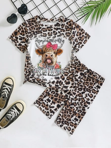 Toddler Girls Summer Outfit Leopard Print Short Sleeve T-Shirt And Pants Cartoon Highland Cow Cotton Blend Casual