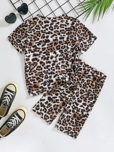 Infant girl summer leopard print short sleeve top and pants two-piece trendy set