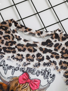 Baby girl leopard print short sleeve top with cartoon highland cow and Apparently text
