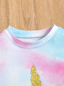 Toddler girl tie-dye t-shirt with sparkly golden unicorn print and ribbed crew neck