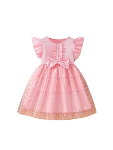 Vestido rosa para niña pequeña con mangas de volantes, lazo grande y falda de tul