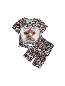 Infant girl summer leopard print outfit featuring a highland cow graphic short sleeve set