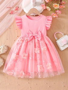 Girls Pink Summer Princess Dress Mesh Tutu Floral Embroidery Bow Sleeveless Ribbed Knit Cotton Blend Elegant