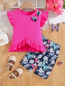 Girls Ruffle Fly Sleeve Top And Floral Butterfly Print Shorts Bow Neck Summer Casual Fashion Toddler