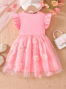 Pink flutter sleeve girl dress with floral embroidery and tiered mesh skirt overlays
