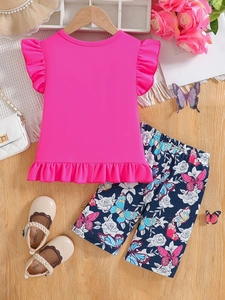Girls summer two-piece set featuring flutter sleeve top and floral butterfly print pants