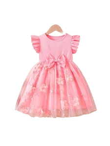 Pink flutter sleeve flower embroidery tulle princess dress with large bow for girls