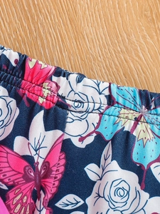 Girls summer set with navy floral butterfly print and elastic ruffled waistband