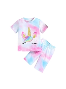 Toddler girl two-piece summer set with rainbow tie-dye unicorn print and shorts