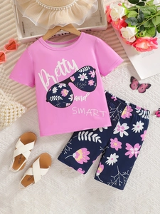 Tenue Été Fille T-Shirt Rose À Manches Courtes Et Short À Imprimé Fleuri Vêtements Vacances Décontractés