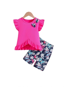 Girls summer floral outfit set with pink ruffle top and navy blue flower printed shorts