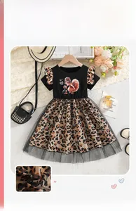 Detail of leopard print tulle skirt and cartoon graphic on girl's summer dress