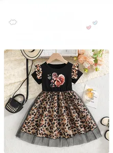 Detail of baby girl dress with leopard print mesh skirt and cartoon girl graphic tee