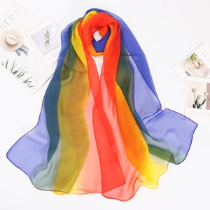 Detail shot of sheer rainbow gradient georgette scarf fabric on a white background