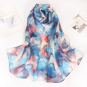 Leichter Georgette-Schal mit abstrakten blau-rotbraunen Blattmuster-Prints für Damen